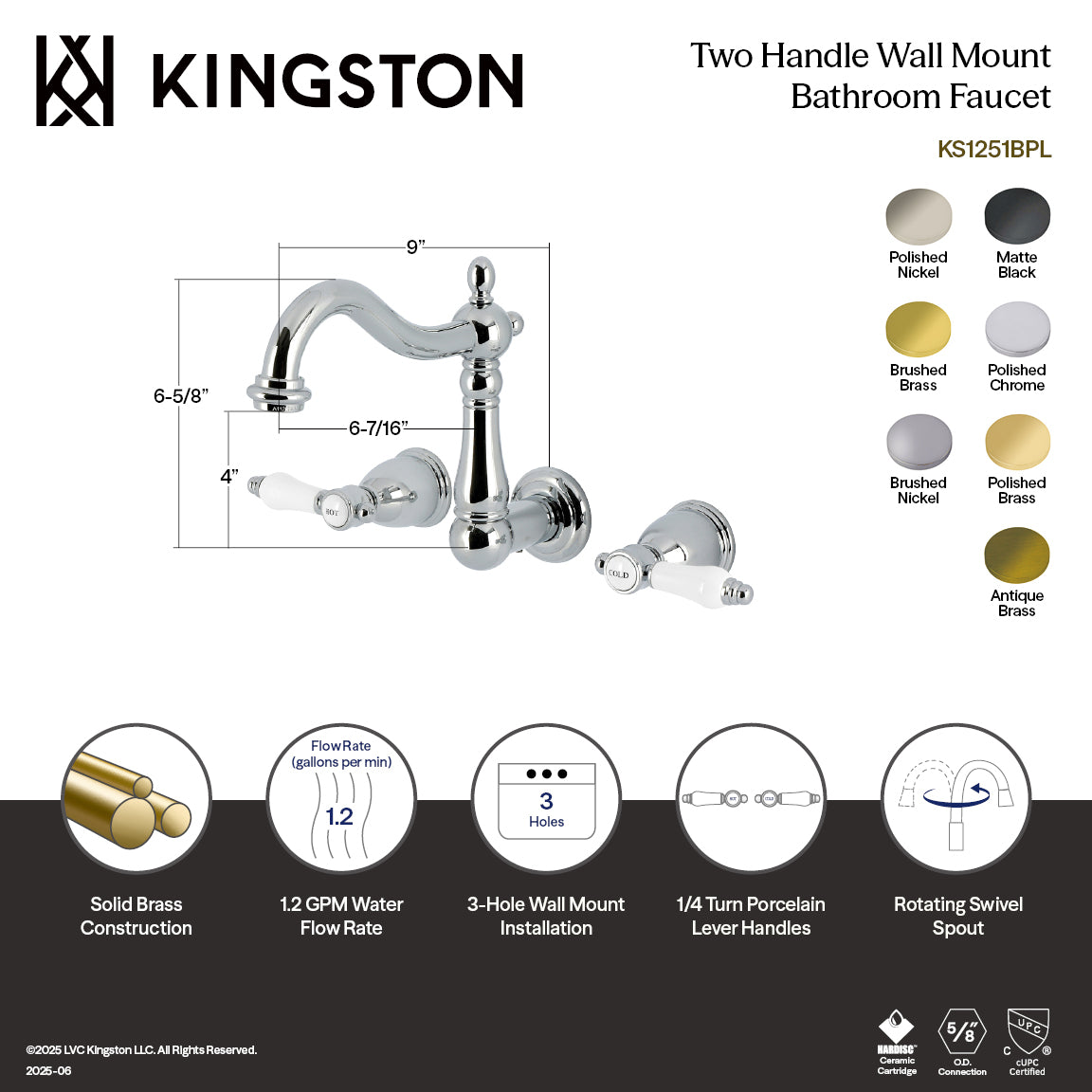 Kingston Heirloom KS1251BPL - Bel-Air Double-Handle 3-Hole Wall Mount Bathroom Faucet, Polished Chrome — thumbnail 2